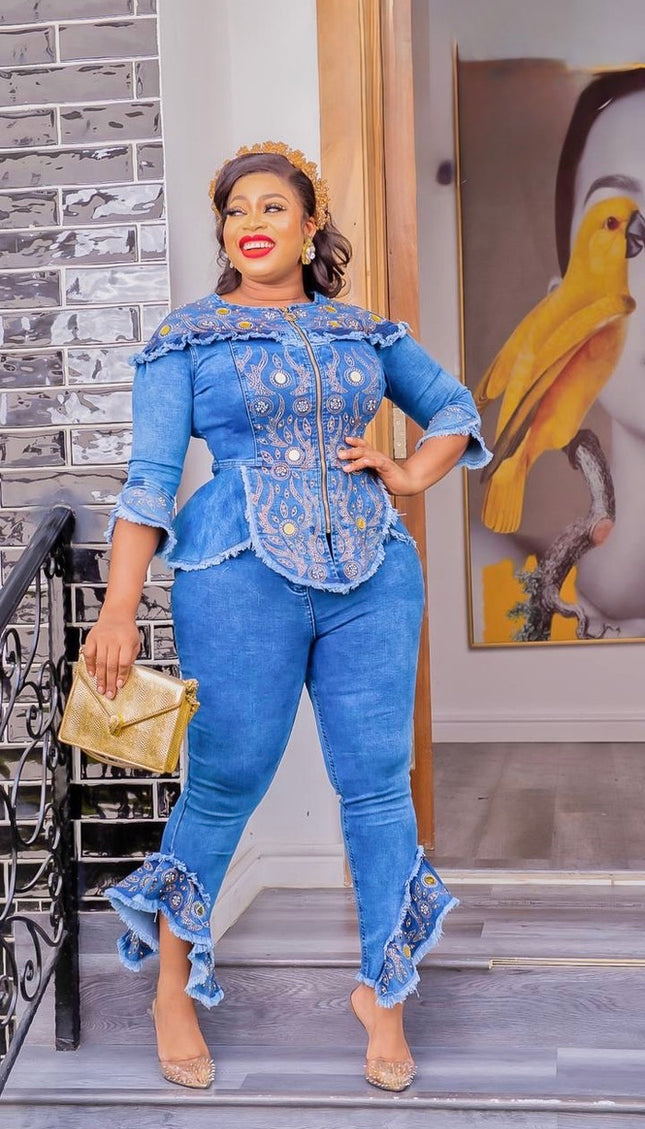 Denim and Diamonds Ruffle Top & Pants Curvy Stretch Jeans Birthday Party Concert Ladies Night Date