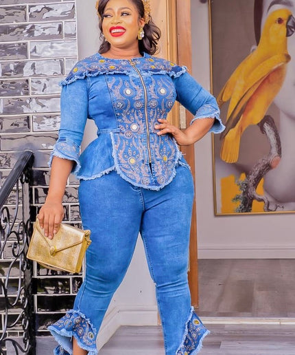 Denim and Diamonds Ruffle Top & Pants Curvy Stretch Jeans Birthday Party Concert Ladies Night Date