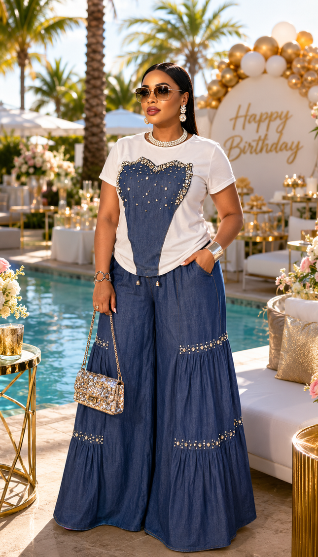 Denim & Diamonds 2 Piece Outfit, Women’s T-Shirt and Maxi Skirt Set, Casual Glam Birthday Outfit, Trendy Matching Set