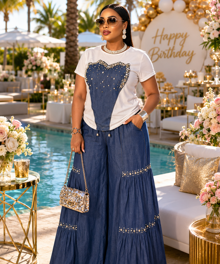 Denim & Diamonds 2 Piece Outfit, Women’s T-Shirt and Maxi Skirt Set, Casual Glam Birthday Outfit, Trendy Matching Set