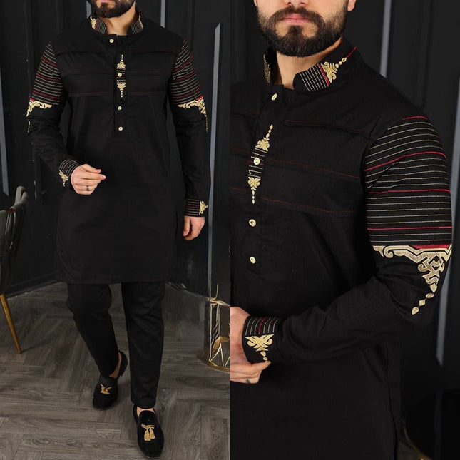 Black Embroidered Mandarin Collar Shirt & Pants Men's 2-Piece Set, Wedding Guest Outfit Groom Groomsmen Graduation Birthday Party