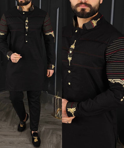 Black Embroidered Mandarin Collar Shirt & Pants Men's 2-Piece Set, Wedding Guest Outfit Groom Groomsmen Graduation Birthday Party