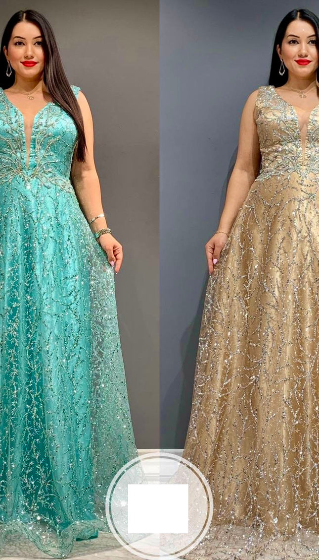Sparkly Embellished V-Neck Floor Length Maxi Gown | Wedding Bridal Mother of The Bride