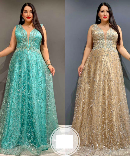 Sparkly Embellished V-Neck Floor Length Maxi Gown | Wedding Bridal Mother of The Bride