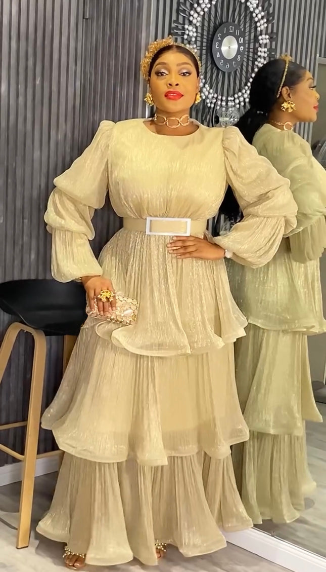 Waterfall Ruffle Bishop Sleeves Maxi Dress,  Mother of The Bride A-Line Gold Gown, Plus Size Evening Wear Gala Cocktail Party
