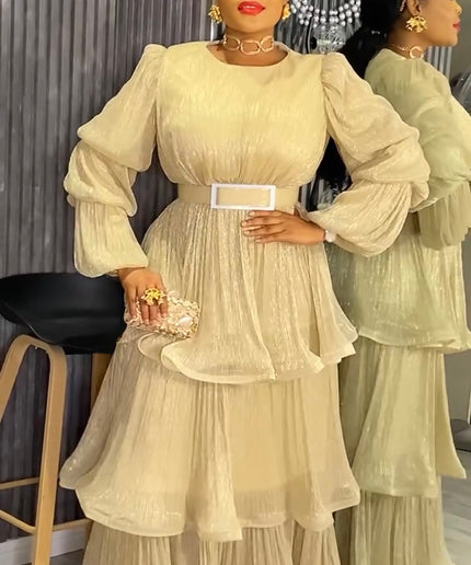 Waterfall Ruffle Bishop Sleeves Maxi Dress,  Mother of The Bride A-Line Gold Gown, Plus Size Evening Wear Gala Cocktail Party