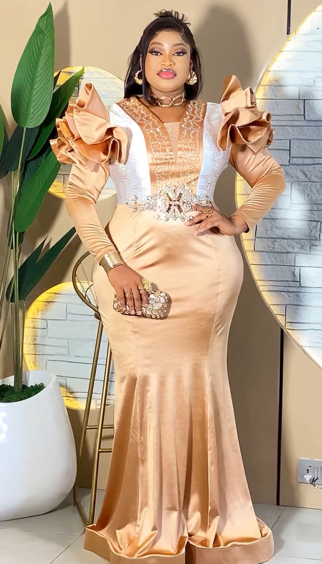 Gold Embellished Ruffle Mermaid Dress - Mother of The Bride Evening Gown Wedding Guest Anniversary Gala