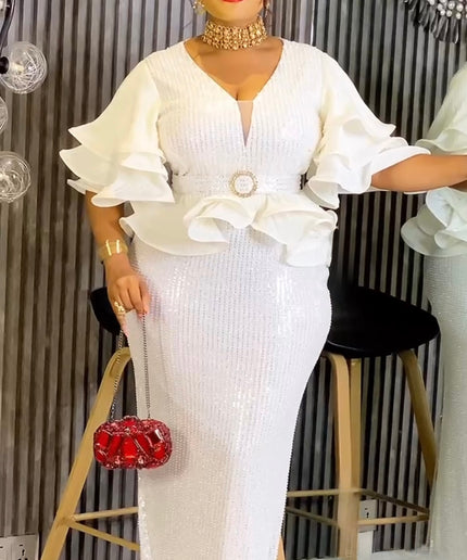 Elegant Sequin Ruffle Sleeve Peplum Maxi Dress - All White Birthday Party Outfit Photoshoot Cocktail Engagement Wedding Guest