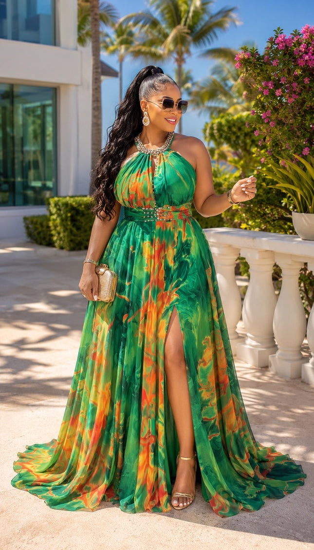 "Center of Attention" Yellow Beaded Ruched Halter A-Line Sundress with Slit, Wedding Guest Birthday Dinner Cocktail Party Reception Outfit