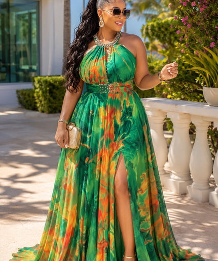 "Center of Attention" Orange Beaded Ruched Halter A-Line Sundress Wedding Guest Birthday Dinner Cocktail Party Reception