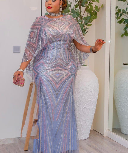 Gold Sequin Embellished Cape Sleeve Maxi Dress for Mother of The Bride Wedding Guest