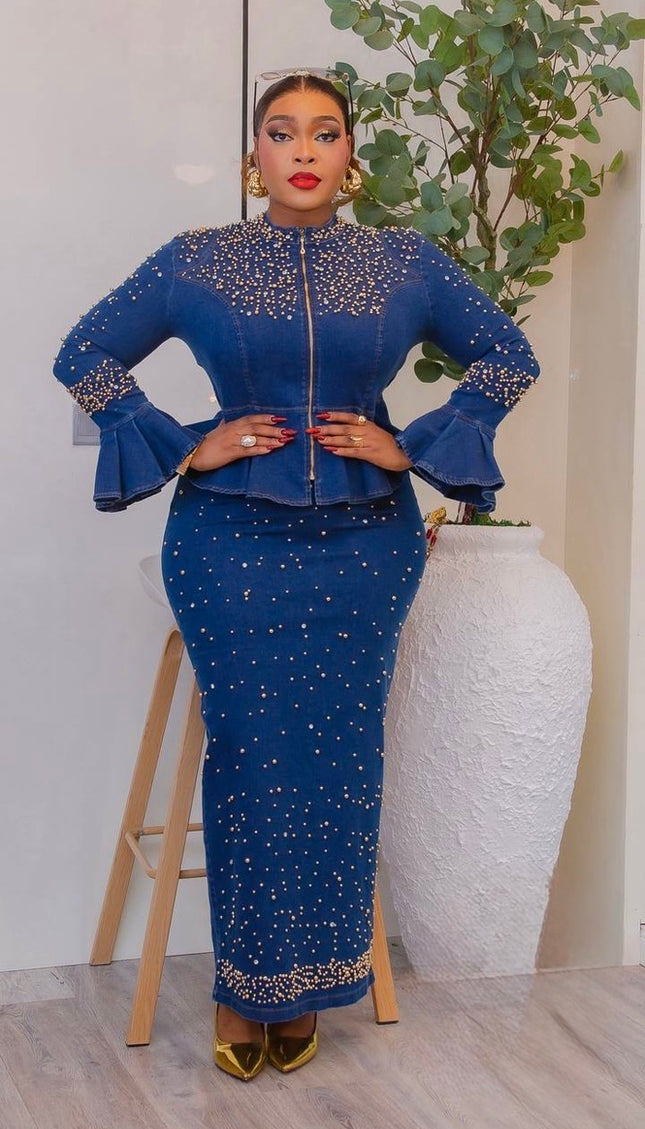 Luxury Denim & Diamonds 2-Piece Set, Matching Curvy Stretch Jeans Rhinestone Peplum Top & Skirt - Birthday Party Outfit Concert Ladies Night Casual Wear