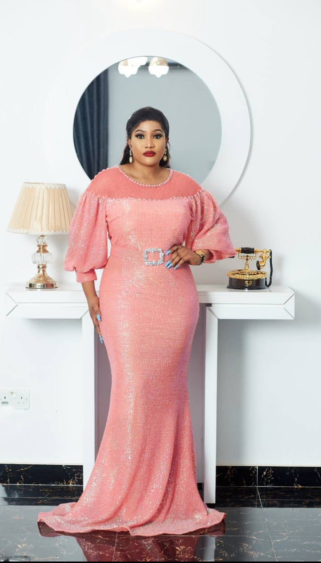 Peach Sequin Puff Sleeve Mermaid Gown - Wedding Guest Mother of The Bride