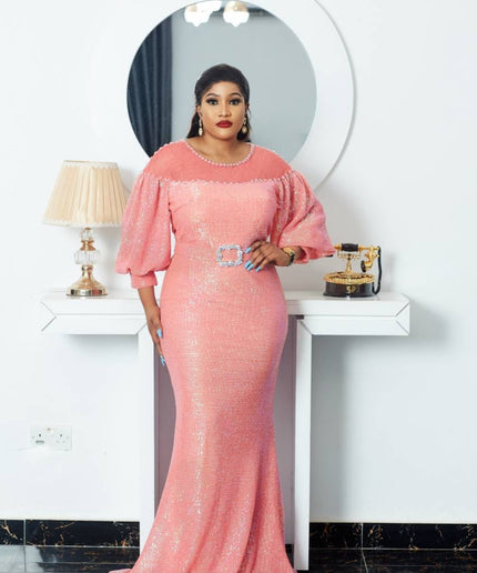 Peach Sequin Puff Sleeve Mermaid Gown - Wedding Guest Mother of The Bride