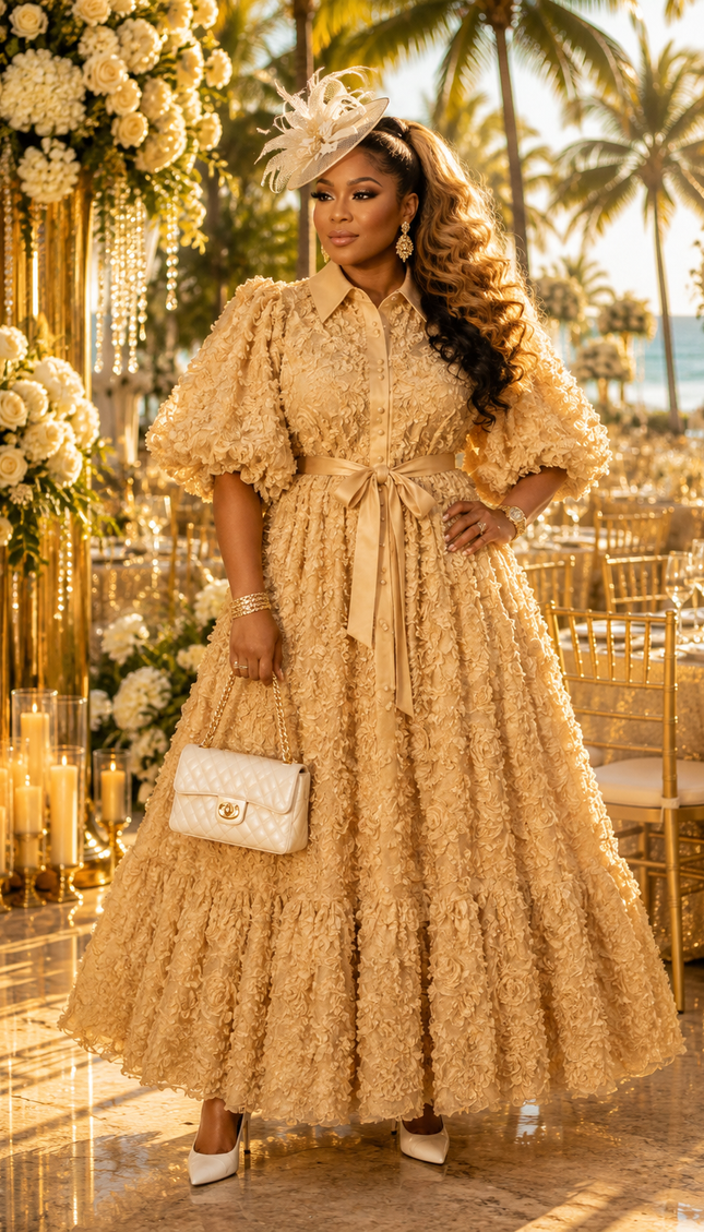 "It's Giving Luxury" Gold Floral 3D Pleated Maxi Dress for Wedding Church Birthday Tea Party Cocktail Reception