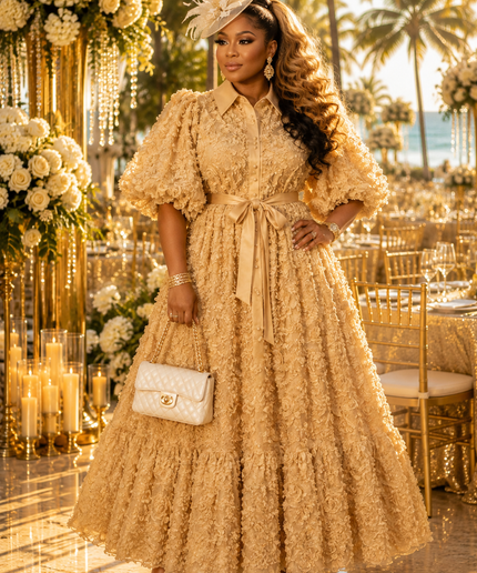 "It's Giving Luxury" Gold Floral 3D Pleated Maxi Dress for Wedding Church Birthday Tea Party Cocktail Reception