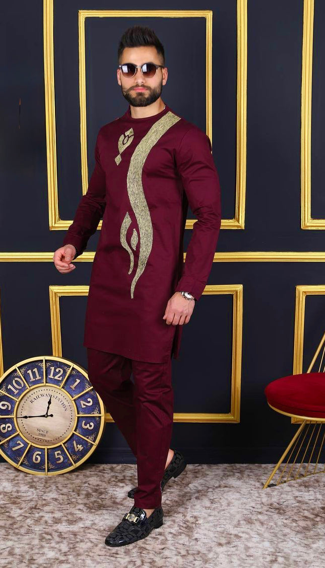 Men’s Traditional African Clothing 2-Piece Set, Embroidered Cotton Shirt & Pants for Wedding Birthday Graduation Party