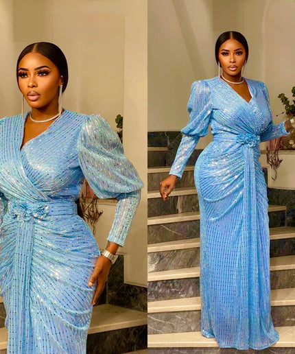 Sparkly Blue Wedding Guest Mermaid Dress, Ruched Maxi Plus Size Mother of The Bride, Celebrant Birthday Party Cocktail