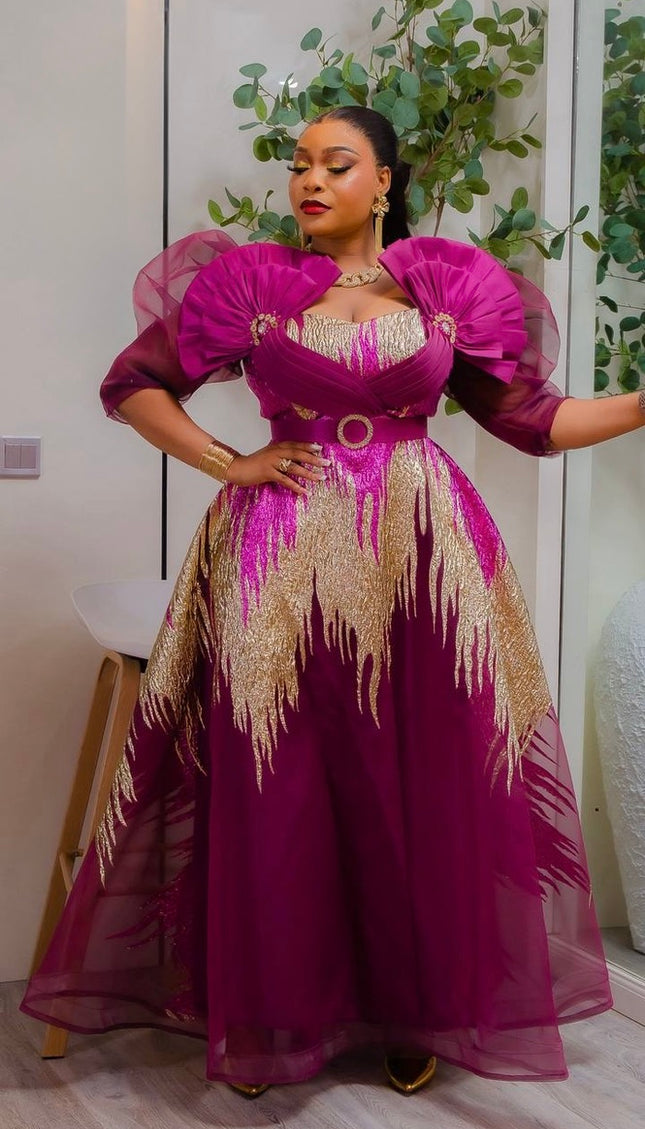 Dramatic Pink Brocade Embellished Party Dress, Wedding Guest Outfit, Mother of The Bride A-Line Gown, Birthday Cocktail