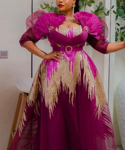 Dramatic Red Metallic Brocade Embellished A-Line Gown - Mother of The Bride Dinner Birthday Photoshoot Wedding Guest