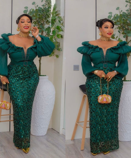 Off-The-Shoulder Sequin Bishop Sleeve Party Dress: Wedding Birthday Cocktail Gala