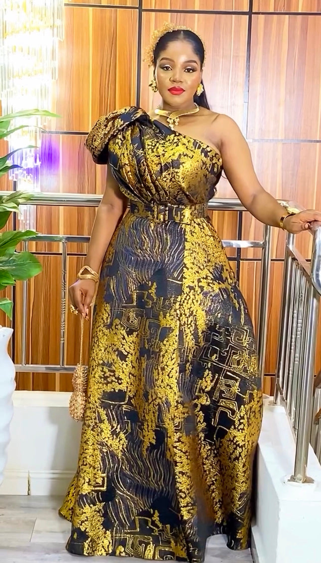 Black and Gold Brocade Plus Size Mother of The Bride One Shoulder A-Line Gown, Summer Wedding Guest Maxi Dress Front Slit, Cocktail Gala Party