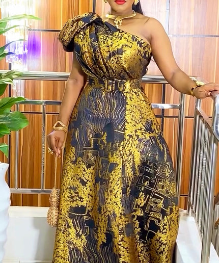Black and Gold Brocade Plus Size Mother of The Bride One Shoulder A-Line Gown, Summer Wedding Guest Maxi Dress Front Slit, Cocktail Gala Party