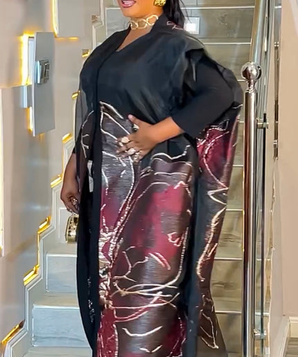 Black Kaftan Brocade Maxi Dress 2-Piece Set