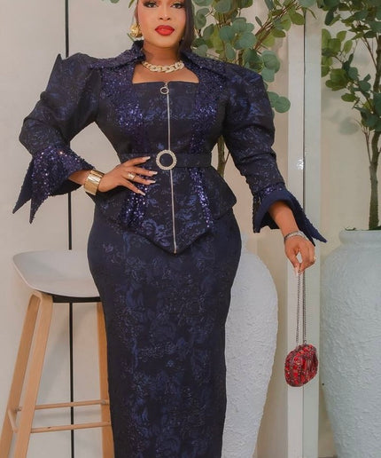 Black Brocade Dramatic Power Shoulder Sequin Top & Skirt 2-Piece Outfit, Mother of The Bride Birthday Photoshoot Gala Anniversary