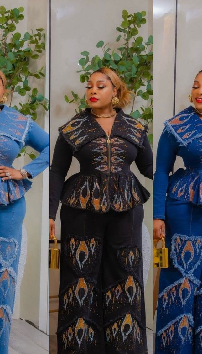 Denim on Denim 2-Piece Outfit Set Rhinestones Stretch Curvy Jeans