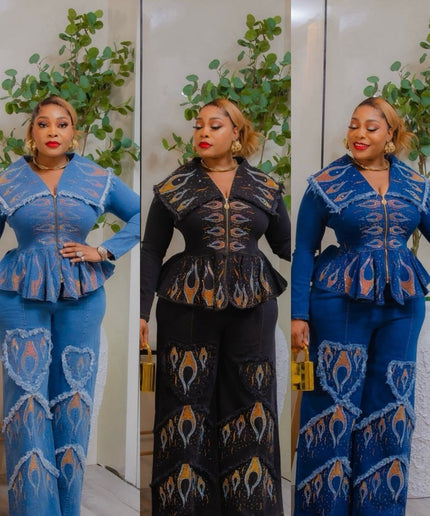 Denim on Denim 2-Piece Outfit Set Rhinestones Stretch Curvy Jeans