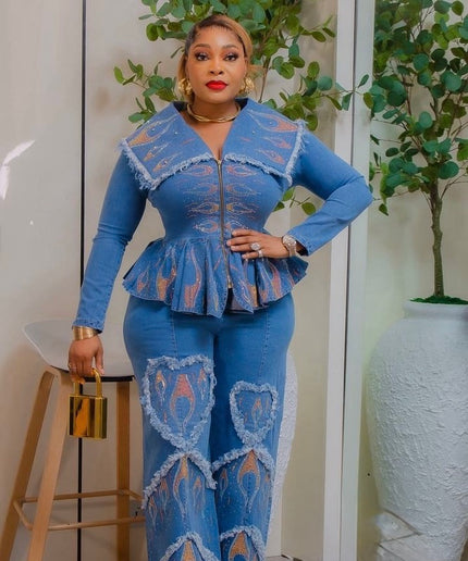 Denim on Denim 2-Piece Outfit Set Rhinestones Stretch Curvy Jeans