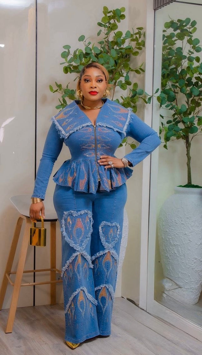 Black Denim & Diamond 2-Piece Set – Luxury Embellished Top & Wide-Leg Pants for Plus Size Women, Birthday Party Outfit Ladies Night Dinner