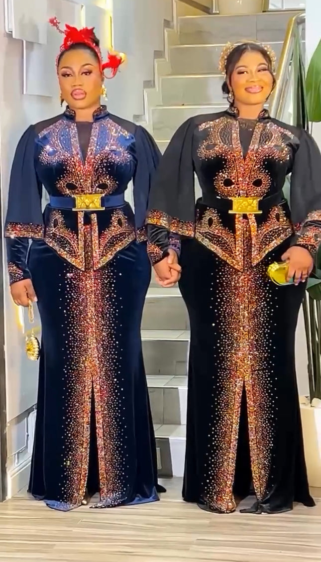 Blue Velvet Crystal Embellished Peplum Dress - Wedding Guest Birthday Dinner Mother of The Bride Anniversary Cocktail