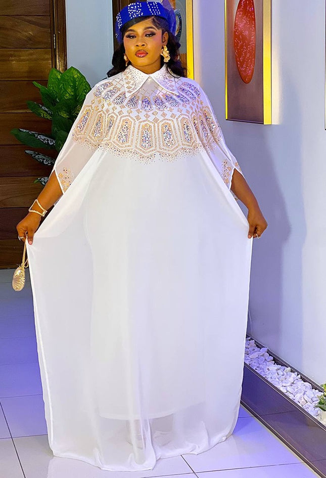 White Kaftan Rhinestone Dress 2-Piece Outfit Set - African Wedding Guest Attire Engagement Ceremony Birthday Photoshoot