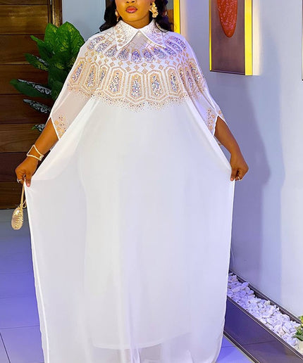 White Kaftan Rhinestone Dress 2-Piece Outfit Set - African Wedding Guest Attire Engagement Ceremony Birthday Photoshoot