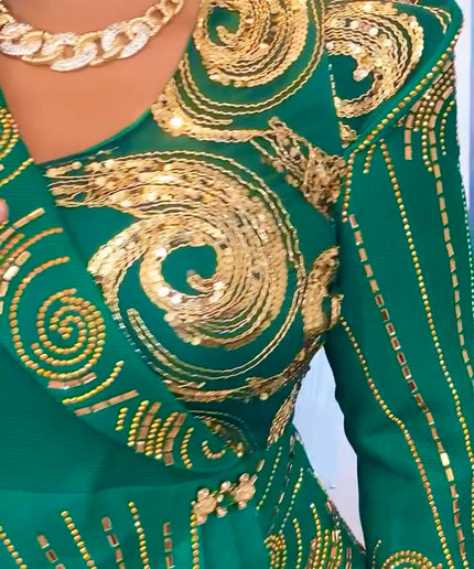 Green Sequin Embellished Peplum Maxi Dress: Wedding Guest Outfit Mother of The Bride Attire Birthday Party Cocktail Anniversary