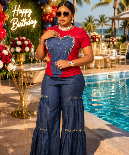 Denim & Diamonds 2 Piece Outfit, Women’s T-Shirt and Maxi Skirt Set, Casual Glam Birthday Outfit, Trendy Matching Set