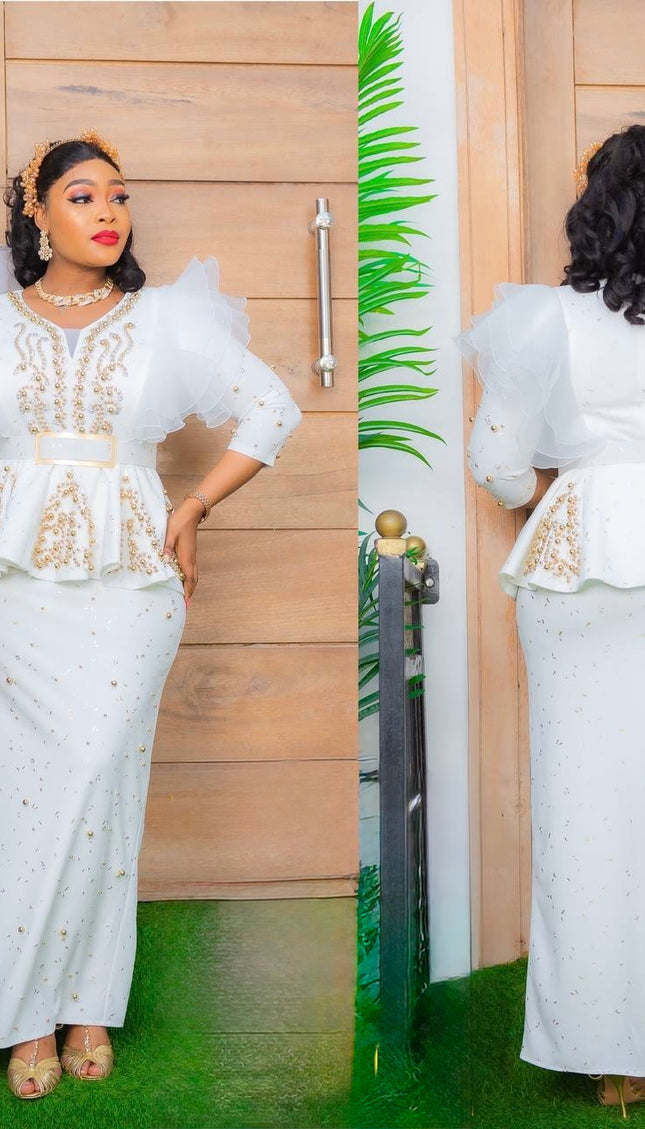 Beaded Peplum White Maxi Dress | Mother of The Bride Plus Size Wedding Guest
