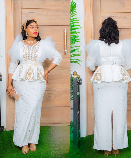 Beaded Peplum White Maxi Dress | Mother of The Bride Plus Size Wedding Guest