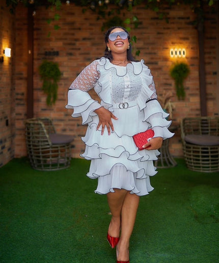 White Sequin Embellished Ruffle Waterfall Twirl Midi Dress: Wedding Guest Graduation Cocktail Birthday Party