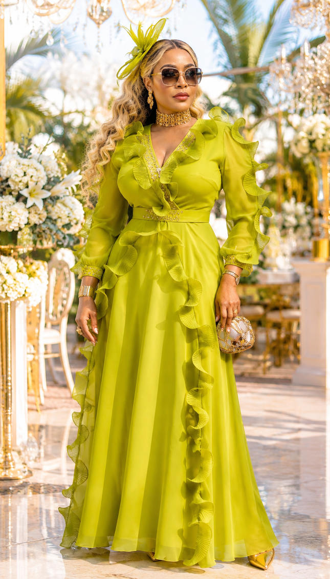 Luxury Lemon Green Rhinestone Ruffle Maxi Dress Summer Wedding Guest Birthday Cocktail Reception Dinner Church Anniversary Party Outfit