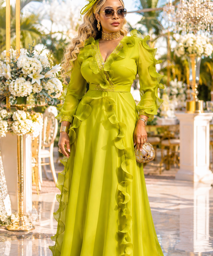 Luxury Lemon Green Rhinestone Ruffle Maxi Dress Summer Wedding Guest Birthday Cocktail Reception Dinner Church Anniversary Party Outfit