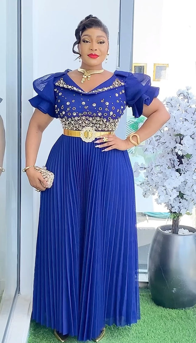 Ruffle Sleeve Embellished Pleated Maxi Dress