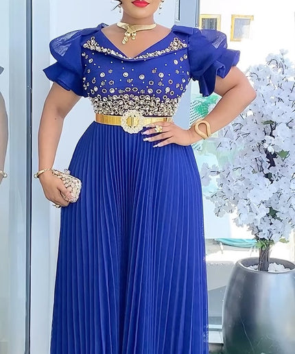 Ruffle Sleeve Embellished Pleated Maxi Dress
