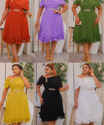 White Off-The-Shoulder Ruffle Twirl Skater Sleeveless Midi Dress Wedding Birthday Party Cocktail
