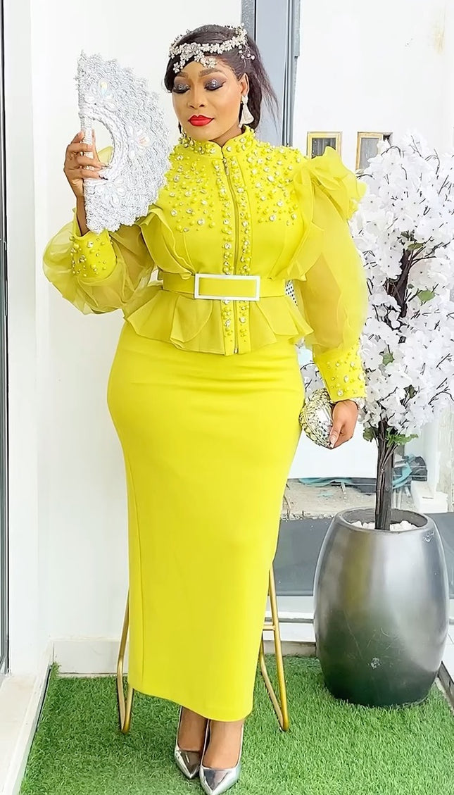 Fancy Ruffled Sleeve Embellished Top and Skirt | Wedding Guest Graduation Birthday Party
