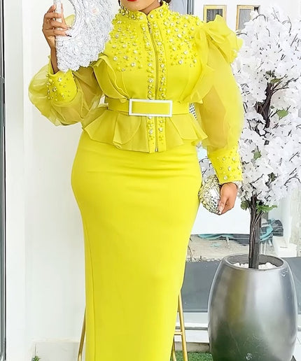 Fancy Ruffled Sleeve Embellished Top and Skirt | Wedding Guest Graduation Birthday Party