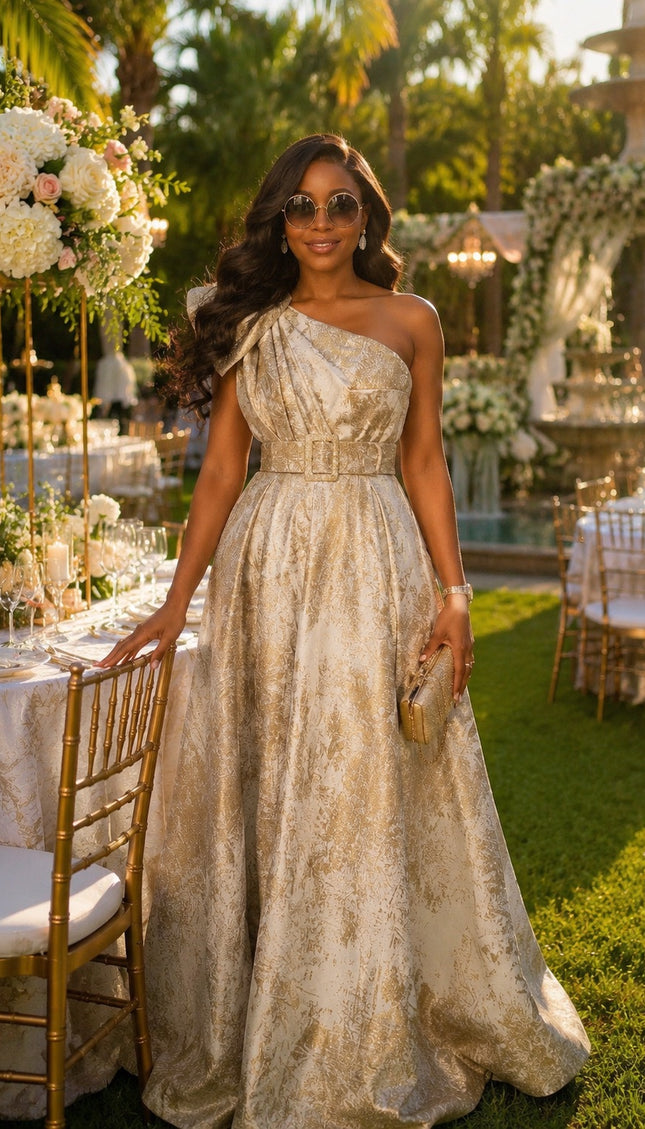 Gold One-Shoulder Twirl A-Line Dress for Summer Wedding Guest Mother of The Bride Birthday Dinner Cocktail Party Outfit