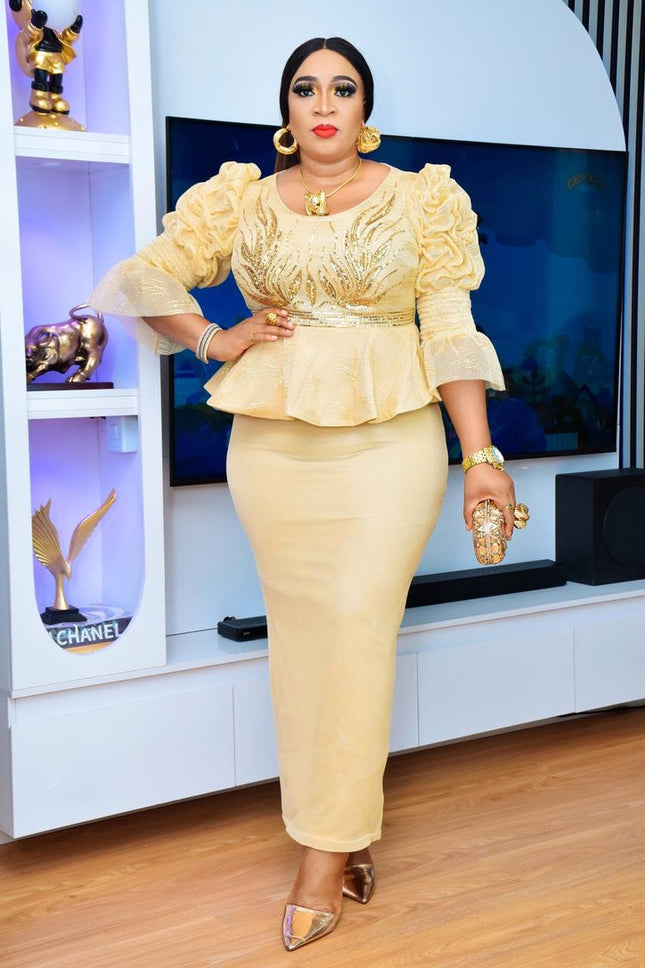 Gold Sequin Ruffle Wedding Guest Dress, Embellished Plus Size Mother of The Bride Peplum Outfit, Birthday Party Celebrant Anniversary